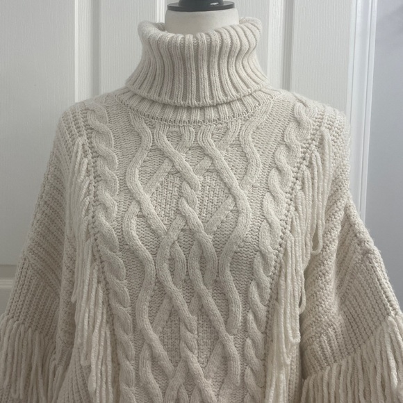 River Island Fringe Cable Knit Turtleneck Sweater in Cream Sz M - Picture 2 of 12